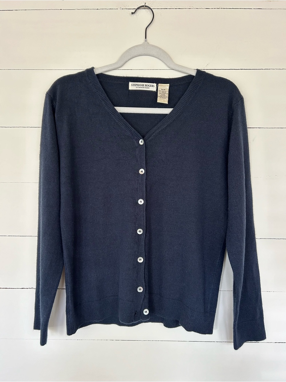 Stephanie Rogers Dark Blue V-Neck Button Down Cardigan, Size Medium.